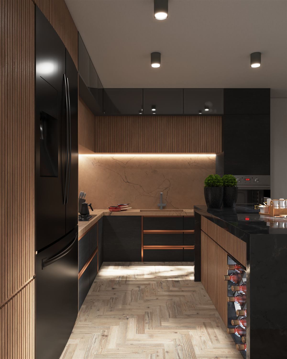 A finished dark kitchen with fitted cabinets